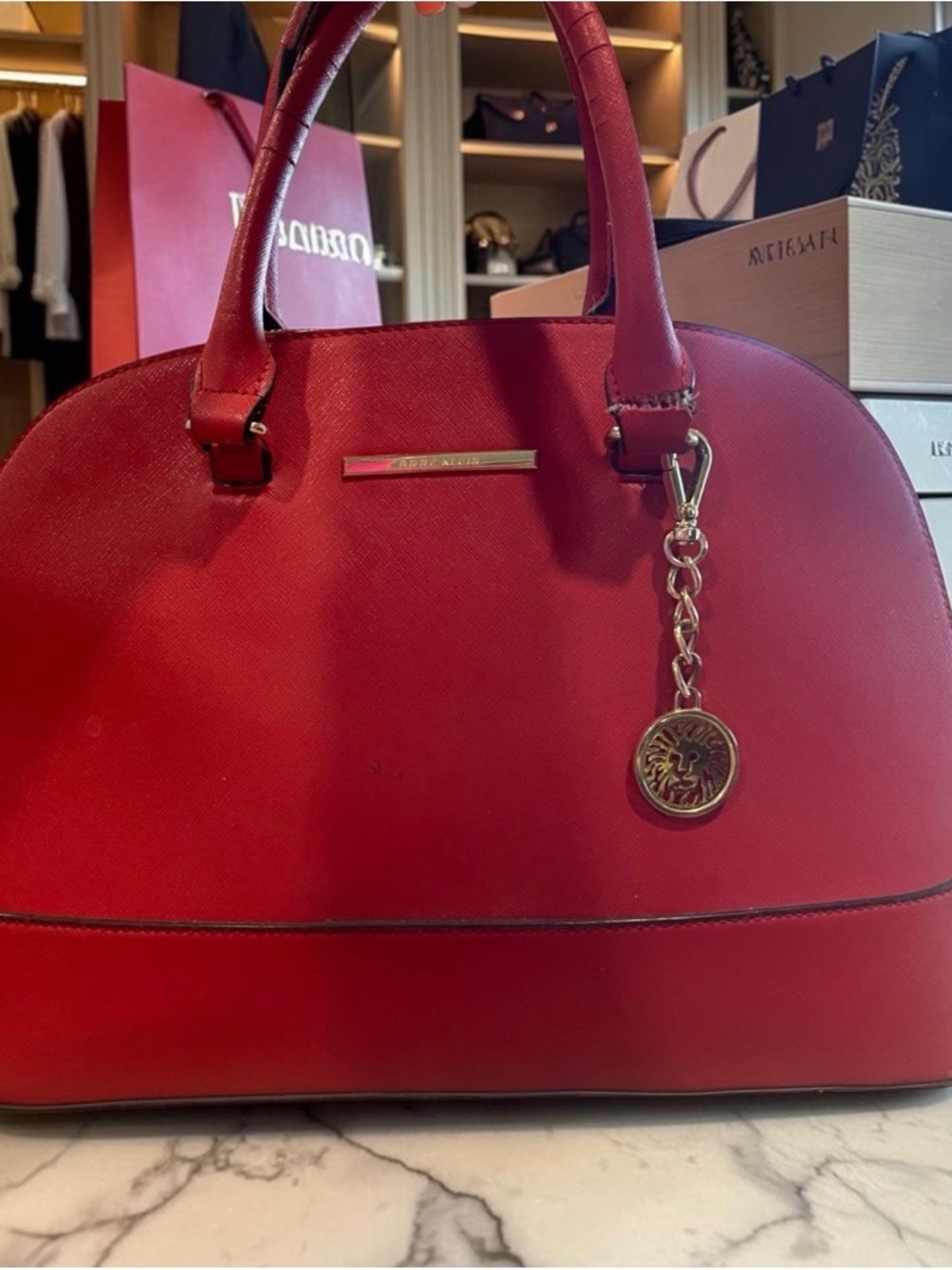 Anne Klein Red Dome Satchel with Gold Medallion Charm Accent
